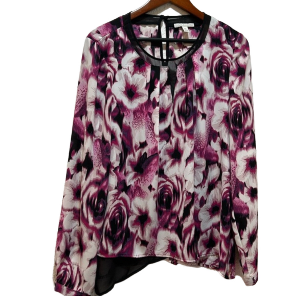 Dana Buchman floral long sleeve black pink purple blouse size XL GUC..